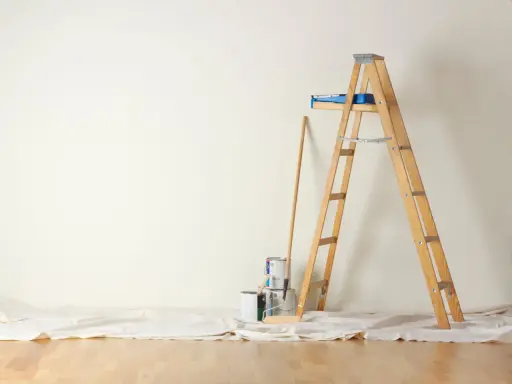 Préparation pour peindre une chambre : échelle en bois, pots de peinture, rouleau et bâton sur une toile de protection.