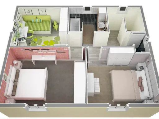 Plan d'un appartement 40m2 1 chambre : salon, bureau, salle de bain, deux chambres.