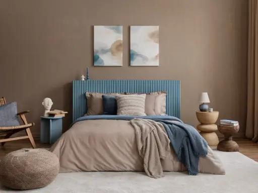 Une peinture de chambre adulte apaisante avec un lit douillet, un fauteuil en rotin et des œuvres d'art abstraites.