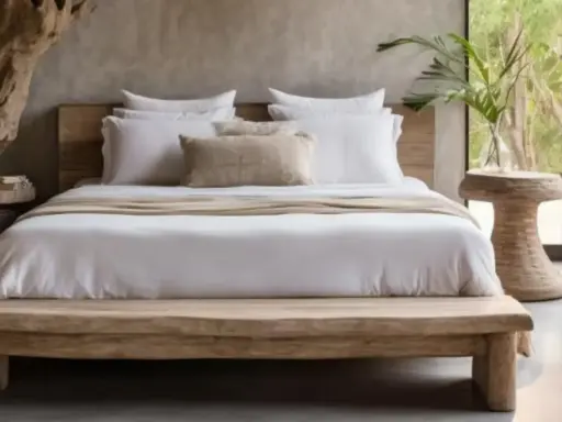 Lit de bois brut, draps blancs immaculés et coussin texturé créent une ambiance de parental chambre boheme chic. Une plante verte apporte une touche de nature.