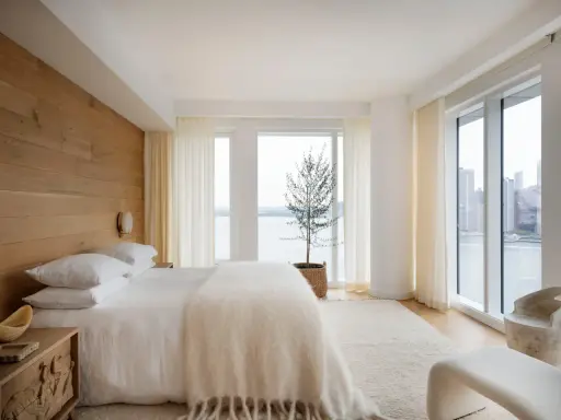 Une chambre à coucher simple et moderne avec un mur en bois, un lit blanc douillet et une vue imprenable sur la ville et l'eau.