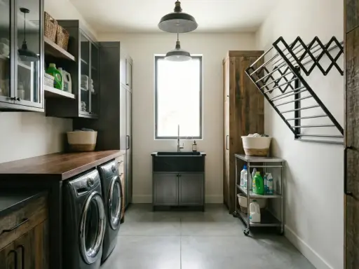Ample space in this arrière cuisine, with two washers, a large sink, and plenty of storage. A drying rack is mounted on the wall.