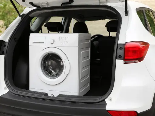 Un lave-vaisselle blanc est chargé dans le coffre d'une voiture blanche. On se demande si on peut coucher un lave-vaisselle pour le transporter.