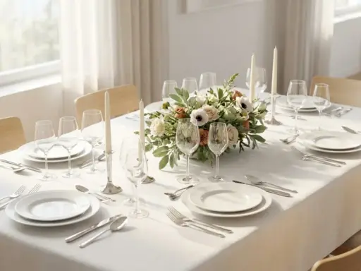Un élégant centre de table floral orne une table dressée pour un repas, avec des bougies et des verres à vin.