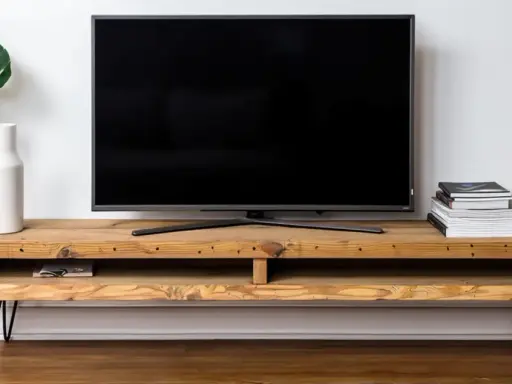 Meuble TV DIY en bois brut avec une plante verte dans un vase blanc et une pile de livres.