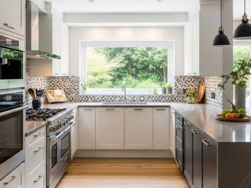 Plan d'une cuisine de 20m2 moderne avec îlot central, évier sous fenêtre, et électroménager en inox.