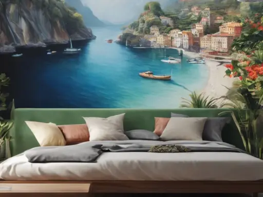Une idée motif peinture murale : une baie méditerranéenne avec des villages colorés, des bateaux et une végétation luxuriante.