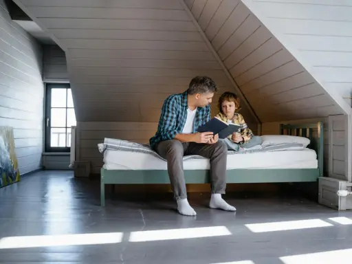 Père lisant une histoire à son fils sur un lit sous pente, dans une chambre mansardée.