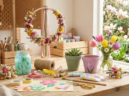 Table de bricolage pour décoration printemps à fabriquer : couronne de fleurs séchées, pots peints, tulipes, et matériel créatif.