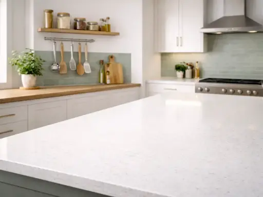 Un plan de travail de cuisine blanc et spacieux, idéal pour organiser vos ustensiles et préparer vos repas.