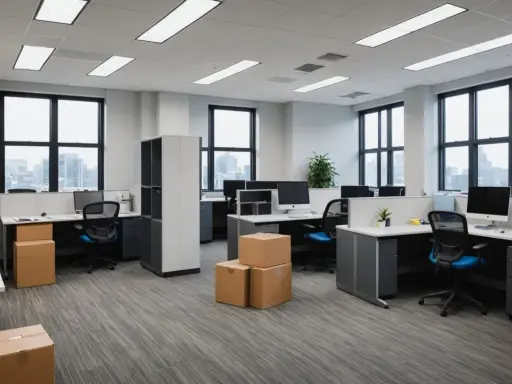 Bureau moderne prêt pour un transfert, avec des boîtes en carton empilées.