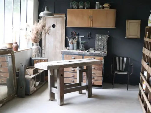 Atelier de rénovation meuble : établi en bois brut, outils, miroir ancien et étagères remplies d'objets chinés.