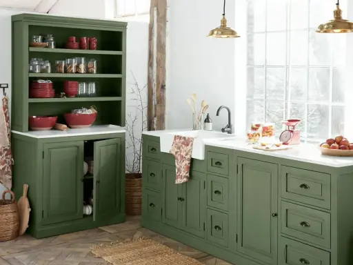 Ambiance rustique pour cette rénovation vieille cuisine. Meubles verts, vaisselle rouge, et lumière naturelle.