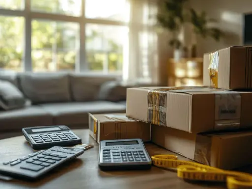Calculatrices et cartons sur une table, prêts pour estimer le prix déménagement m3.