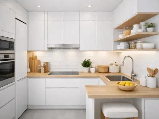 Cuisine petit espace : rangements blancs, plan de travail en bois, électroménagers intégrés, étagères ouvertes avec bocaux et ustensiles.