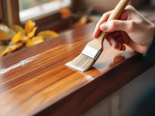 Main d'une personne appliquant une couche de vernis pour blanchir du bois. Les feuilles d'automne sont visibles en arrière-plan.