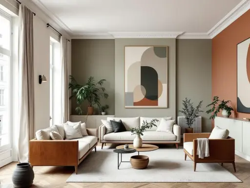 Salon moderne avec canapés blancs, meubles en bois, plantes vertes et un grand tableau abstrait sur un mur blanc.