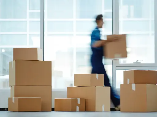 Un déménageur porte une boîte, entouré de cartons empilés. Une scène typique pour une facture déménagement.