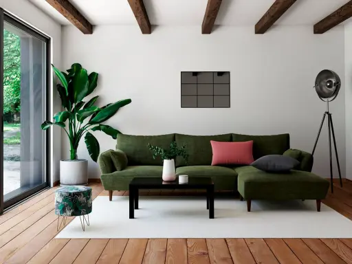 Un salon moderne avec un canapé vert, une table basse noire et un pouf décoré de feuilles tropicales. Quel meuble devant baie vitrée ? Le pouf, parfait pour un coin lecture.