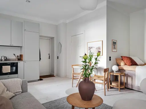 Studio 28 m2 lumineux avec cuisine intégrée, coin repas, salon et lit confortable.