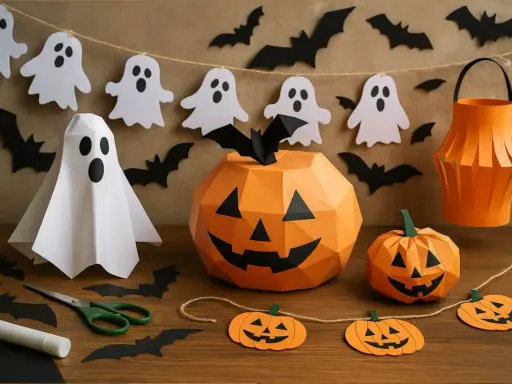 Déco halloween pas cher à faire soi-même : fantômes, citrouilles en papier, chauves-souris et lanterne orange.