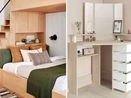 Aménagement astucieux d'une chambre 10m2 : lit mezzanine en bois avec escalier intégré et coiffeuse d'angle fonctionnelle.