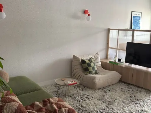 Aménagement petite maison : salon cosy avec canapé vert, fauteuil beige, table basse, TV et paravent translucide.
