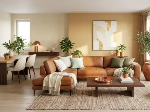 Canapé d'angle en cuir couleur brun, salon chaleureux avec table à manger, plantes vertes et tapis texturé.