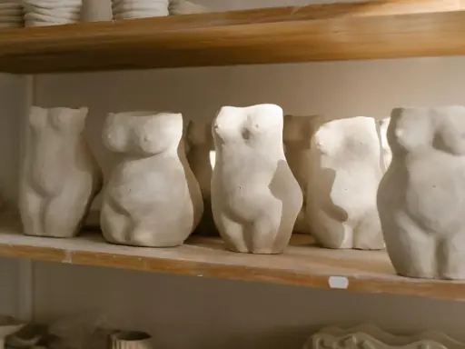 Plusieurs torses féminins en argile autodurcissante, prêts pour un projet diy, sont alignés sur une étagère en bois.