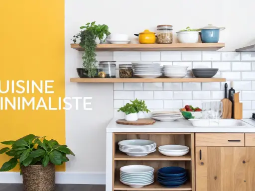 Cuisine minimaliste, un exemple de home staging réussi avec vaisselle épurée et touches végétales.