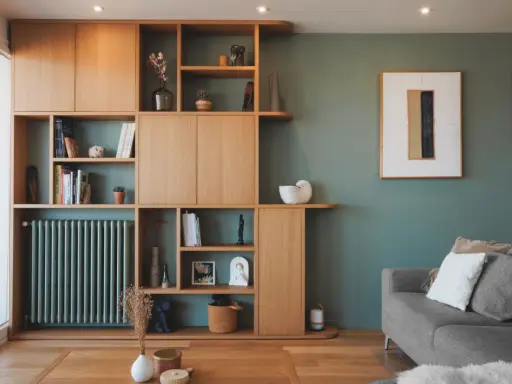 Agencement bibliothèque en bois clair, avec des étagères remplies de livres, vases et objets décoratifs. Un radiateur vert s'intègre parfaitement.