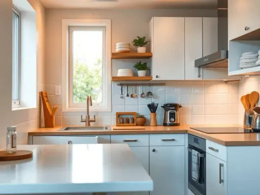 Aménagement petite cuisine 4m2 : évier, plaques, four, rangements optimisés, vaisselle et ustensiles en bois.