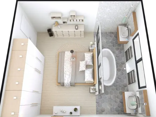 Chambre moderne avec lit, commode, armoire et une salle de bain attenante avec baignoire et lavabos. Une belle suite parentale.