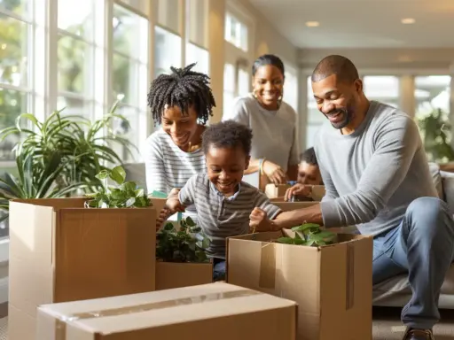 Famille souriante emballant des plantes pour un petit déménagement entre particuliers.