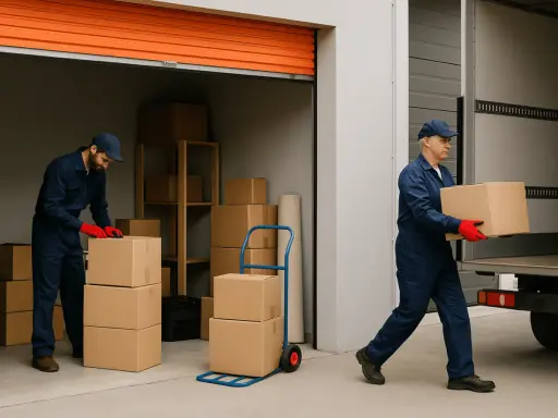 Deux déménageurs en bleu vident une cave, empilant des cartons près d'un camion.