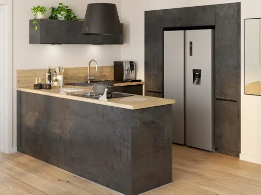 Plan cuisine moderne avec îlot central en béton ciré, réfrigérateur américain et hotte design.