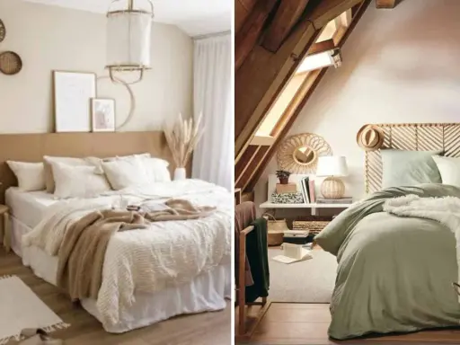 Deux chambres douillettes. L'une est une chambre beige et blanc avec un lit king-size et des décorations murales en rotin. L'autre est une chambre mansardée avec un lit vert sauge et une tête de lit en bois.