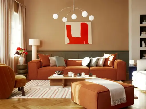 Salon chaleureux avec canapé orange, fauteuil assorti et tapis graphique. Un excellent conseil couleur peinture pour une ambiance cosy.