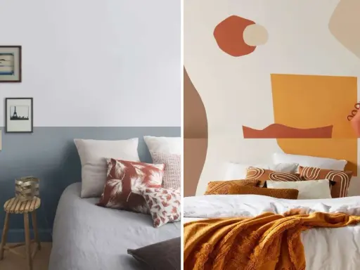 Deux lits douillets. À gauche, une tête de lit peinture originale avec des cadres. À droite, une tête de lit abstraite aux tons chauds.