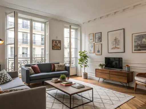Un salon parisien avec un **mixer moderne et ancien** : canapés confortables, parquet, grandes fenêtres et une décoration chaleureuse.