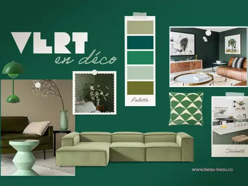 Moodboard déco vert : quelle couleur va bien avec le vert clair ? Inspiration salon, cuisine, palette de couleurs.