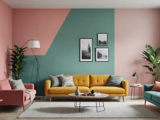 Salon moderne avec un mur deux couleurs différentes, rose et vert d'eau, agrémenté de tableaux. Canapés colorés et plantes vertes.