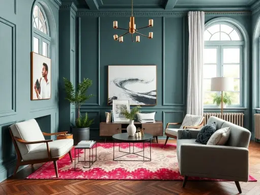 Salon aux murs bleu canard, tapis fuchsia audacieux et mobilier moderne. Une ambiance chic qui pourrait bien être la couleur tendance 2026.
