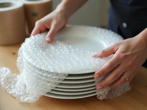 Mains protègent une pile de vaisselle avec du papier bulle, préparant le déménagement.