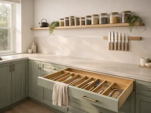 Tiroir ouvert montrant une organisation cuisine impeccable avec des couverts rangés. Des bocaux remplis d'ingrédients sont alignés sur une étagère.