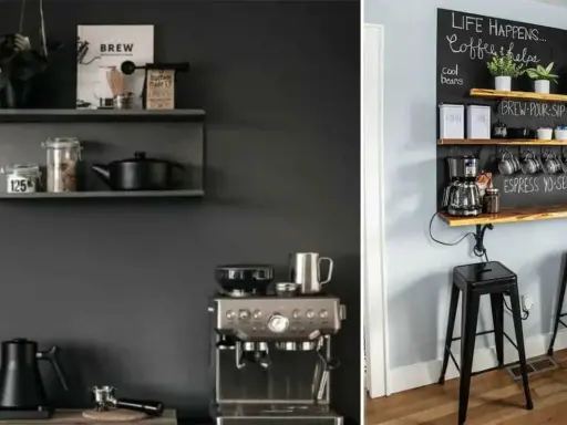 Aménager un petit coin café avec une machine expresso, des tasses suspendues et une étagère décorée de citations inspirantes.