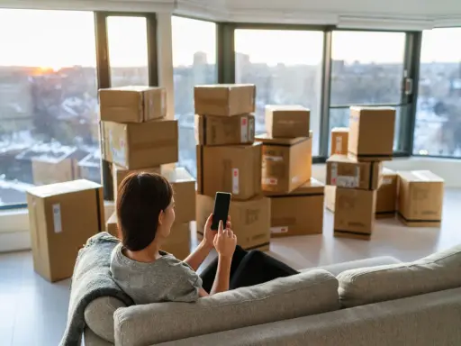 Une femme sur un canapé regarde son téléphone, entourée de cartons. Elle prépare son déménagement à Lyon.