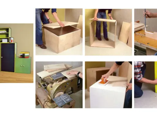 Étapes pour construire un meuble de rangement : assemblage de caissons en bois, ponçage et collage.