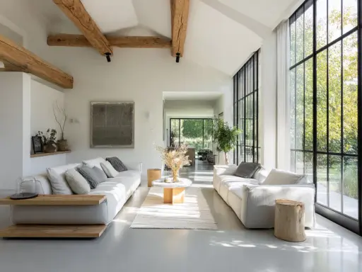 Salon lumineux avec poutres apparentes, rappelant l'esprit d'une maison hangar. Deux canapés blancs font face à une grande baie vitrée.
