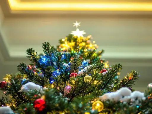 Un sapin de Noël décoré de boules colorées, de guirlandes lumineuses et d'une étoile scintillante. Un guide pour savoir comment faire un beau sapin.